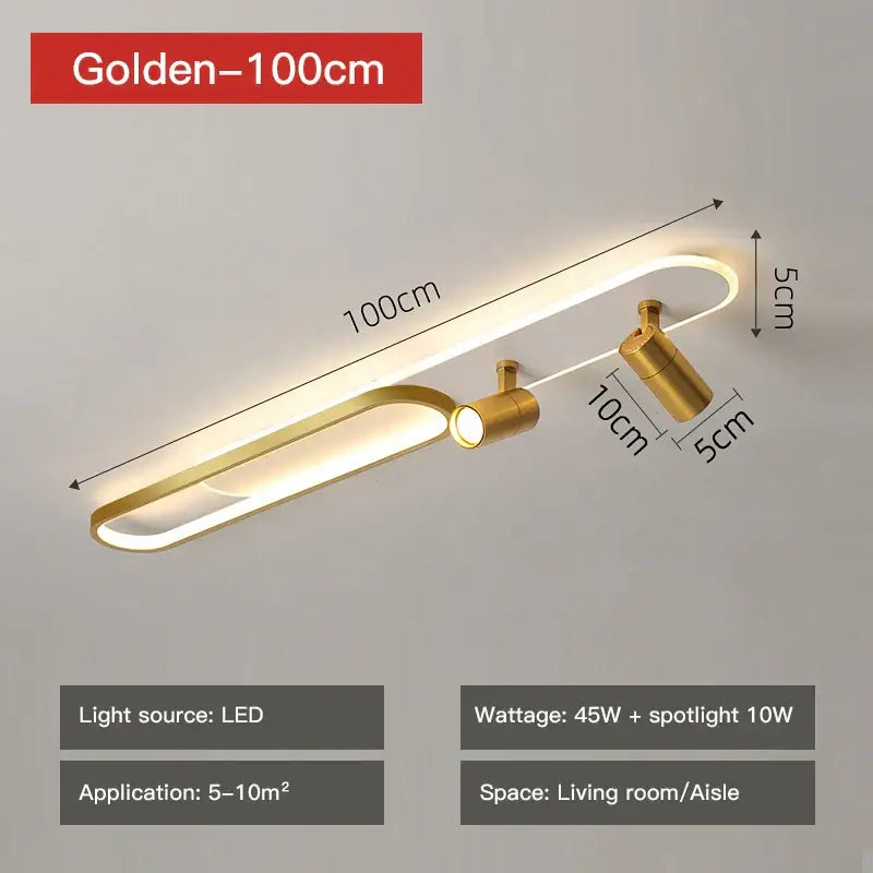 Golden 100cm decorbites led ceiling with sleek modern design and two adjustable led ceiling spotlights for interior lighting