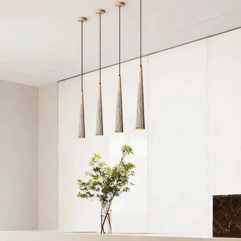 Four modern decorbites led cement cream pendant lamps with wooden tops and gray tassel shades for bedroom and bar lighting