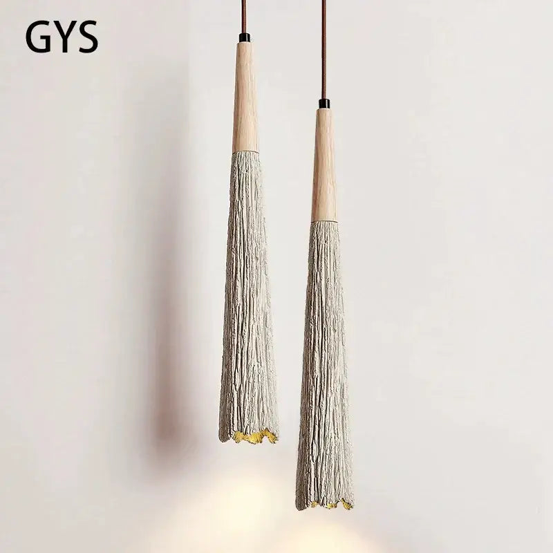 Two gys brand decorbites led cement pendant lamps with wooden tops and gray tassel bodies for bedroom and bar use
