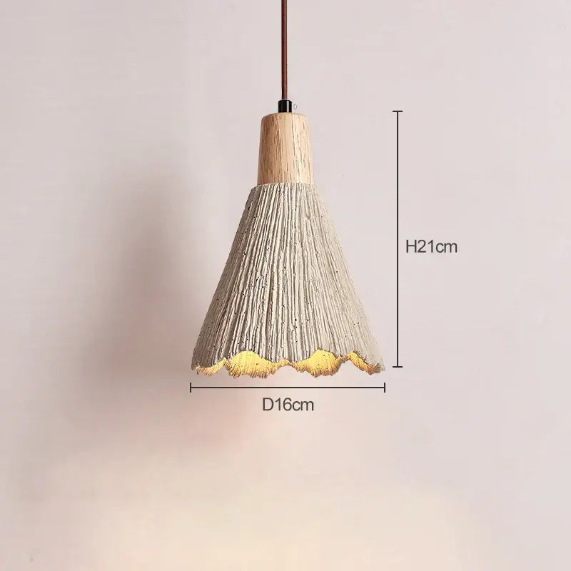 DecorBites led cement pendant lamp creamy style with textured light gray concrete, natural wood top, and golden fringed edge
