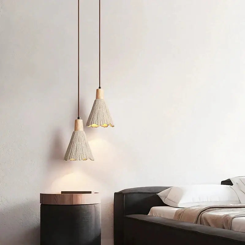 Two hanging pendant lamps with woven light gray fabric shades and wooden tops by DecorBites led cement pendant lamp