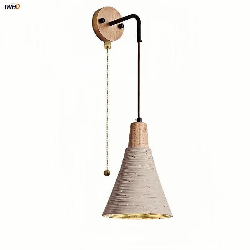 Decorbites led cement wall light featuring a rustic wood base black arm and textured off-white conical shade