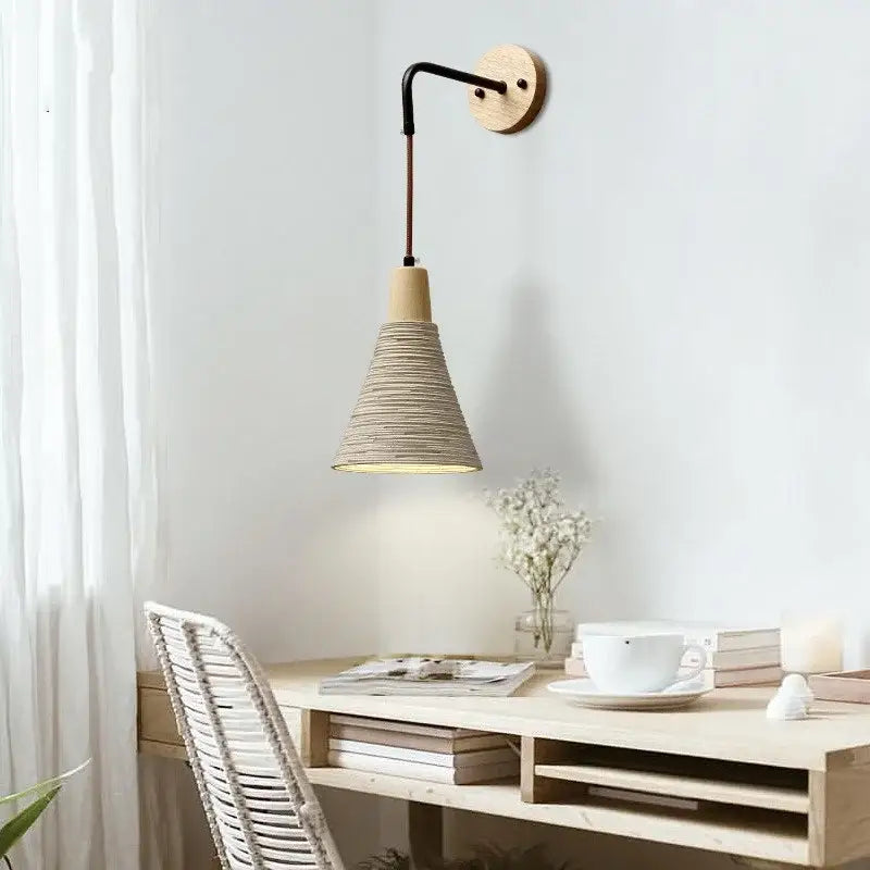 Conical wall light with woven natural fiber shade and wooden base decorbites led cement wall light nordic modern sconce