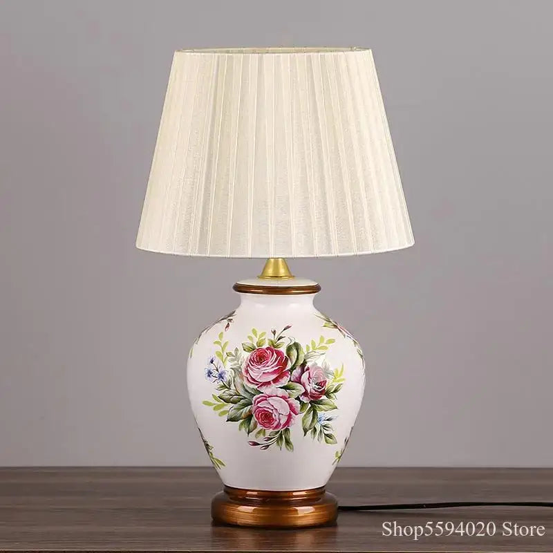 White hand-painted pink rose decorbites led ceramic table lamp with cream pleated shade for living room lighting