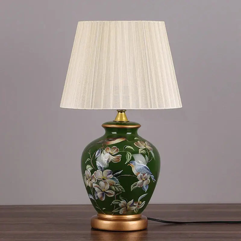 Green decorbites led ceramic table lamp with hand-painted floral motifs cream shade gold-toned base for home decor lighting