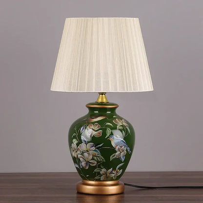 Green decorbites led ceramic table lamp with hand-painted floral motifs cream shade gold-toned base for home decor lighting