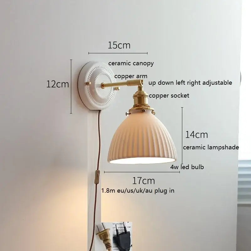 DecorBites™ LED ceramic wall lamp with copper arm, white ceramic canopy, and ribbed off-white ceramic lampshade