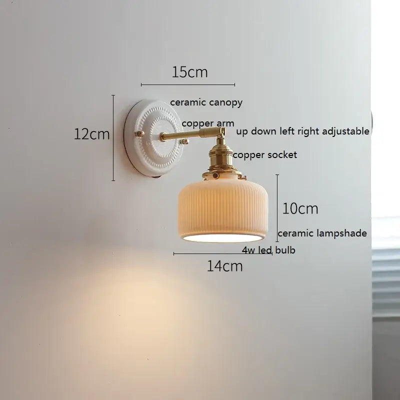 DecorBites led ceramic wall lamp with copper arm white ceramic canopy and off-white ribbed lampshade for bedroom bathroom mirror