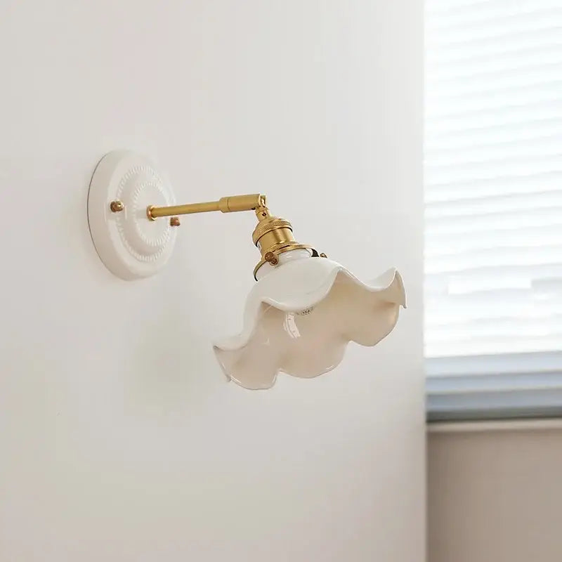 DecorBites led ceramic wall lamp with white ceramic body copper arm and fluted glass shade for bedroom and bathroom