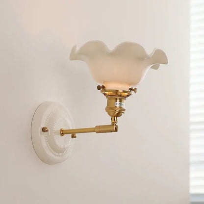 Vintage-style decorbites led ceramic wall lamp with cream ruffled glass shade and brass copper arm for bedroom and bathroom