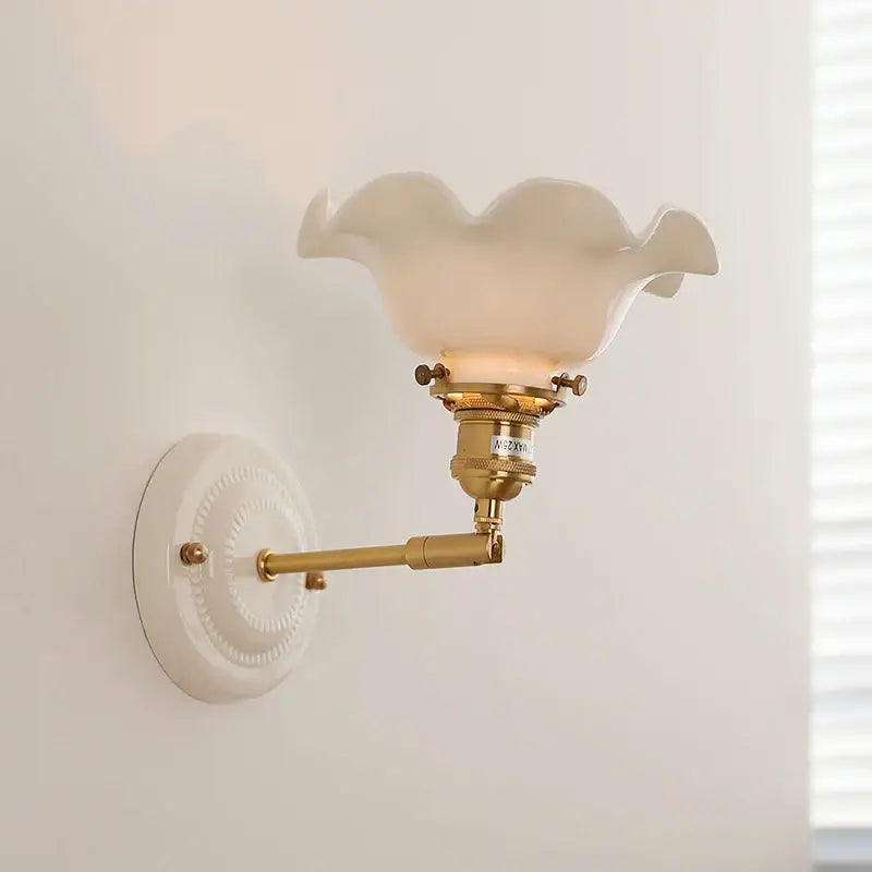 Vintage-style decorbites led ceramic wall lamp with cream ruffled glass shade and brass copper arm for bedroom and bathroom