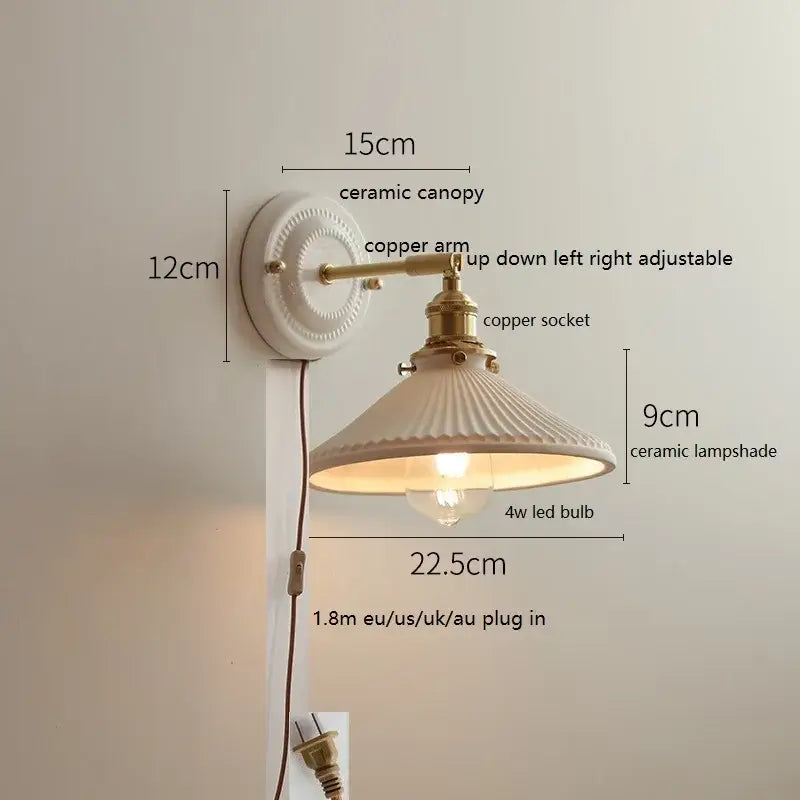 Cream-colored decorbites led ceramic wall lamp with adjustable copper arm for bedroom and bathroom mirror lighting