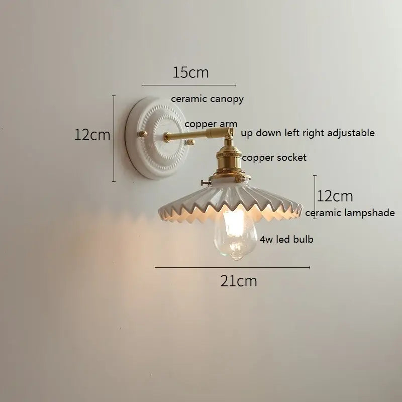 DecorBites LED ceramic wall lamp with white scalloped glass shade and adjustable copper arm for bedroom or bathroom mirror
