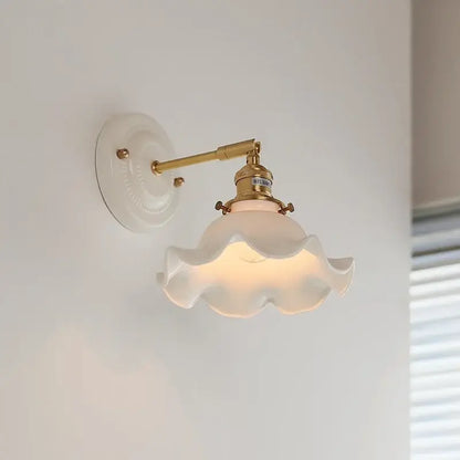 Vintage-style decorbites led ceramic wall lamp with white ceramic base copper arm and ruffled glass shade for bedroom bathroom