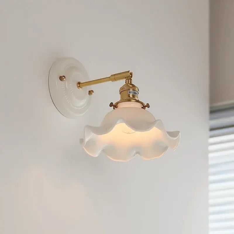 Vintage-style decorbites led ceramic wall lamp with white ceramic base copper arm and ruffled glass shade for bedroom bathroom