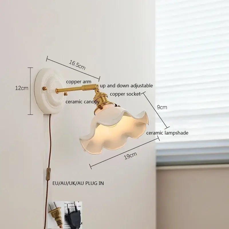 Decorbites led ceramic wall lamp with white ceramic base copper arm and off-white ruffled ceramic lampshade for bathroom