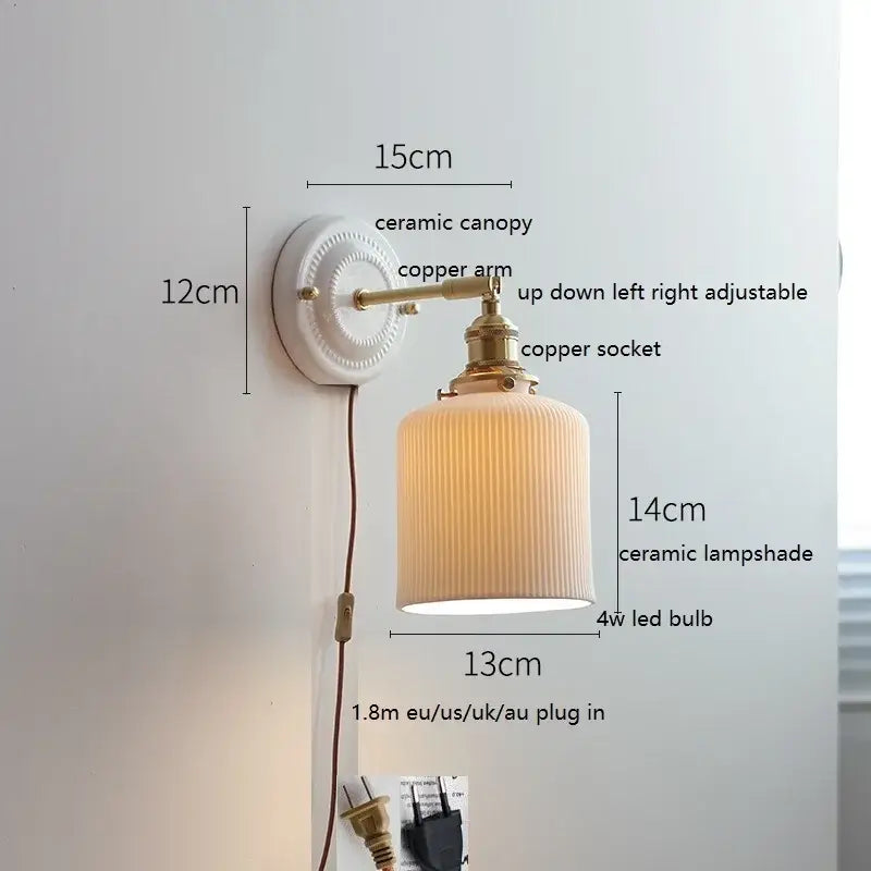 DecorBites led ceramic wall lamp with white ceramic canopy off-white ribbed shade and copper arm for bedroom or bathroom mirror