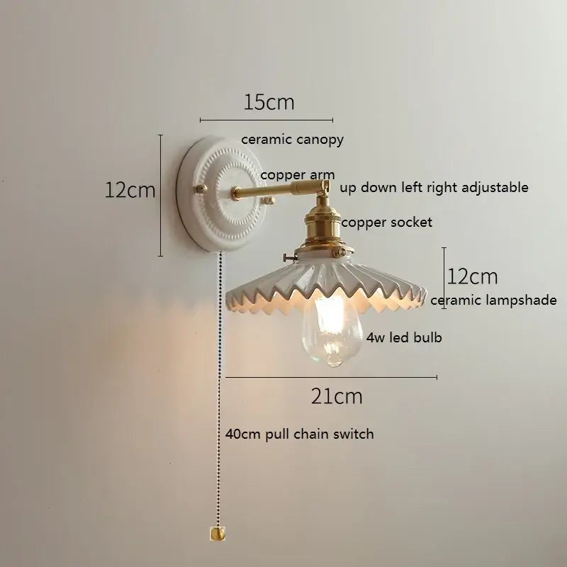 Vintage style decorbites led ceramic wall lamp with white ceramic canopy and adjustable copper arm for bedroom bathroom mirror