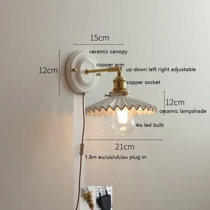 Vintage-style wall lamp decorbites led ceramic with white ceramic canopy and copper arm for bedroom bathroom mirror