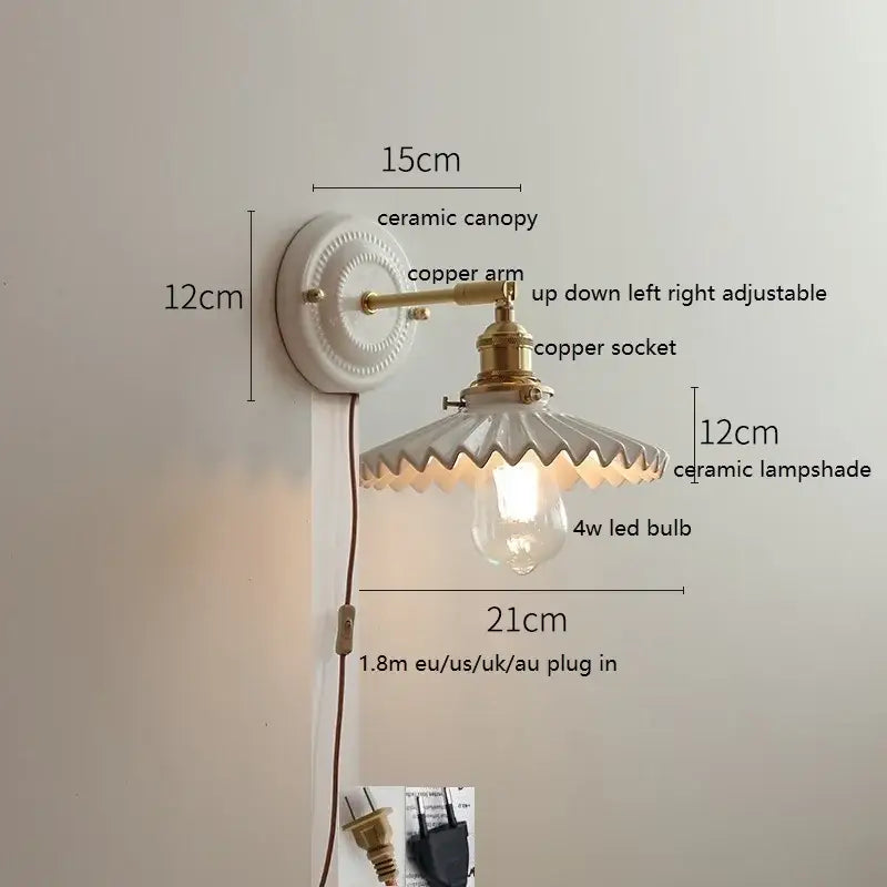 Vintage-style wall lamp decorbites led ceramic with white ceramic canopy and copper arm for bedroom bathroom mirror
