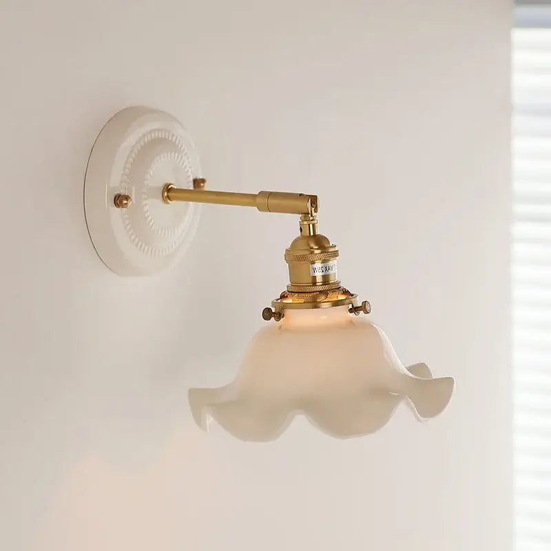 DecorBites led ceramic wall lamp with copper arm brass finish and off-white scalloped glass shade for bedroom or bathroom mirror