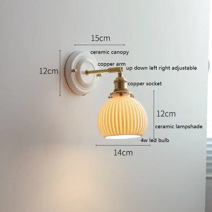 Warm-toned decorbites led ceramic wall lamp with ribbed translucent lampshade and brass-finished copper arm for bedroom use
