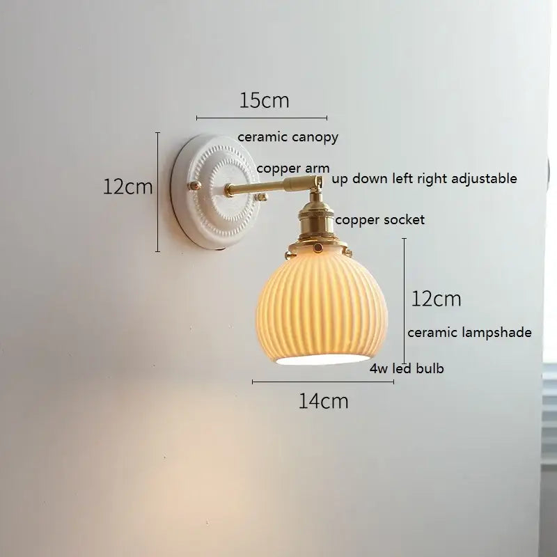 Warm-toned decorbites led ceramic wall lamp with ribbed translucent lampshade and brass-finished copper arm for bedroom use