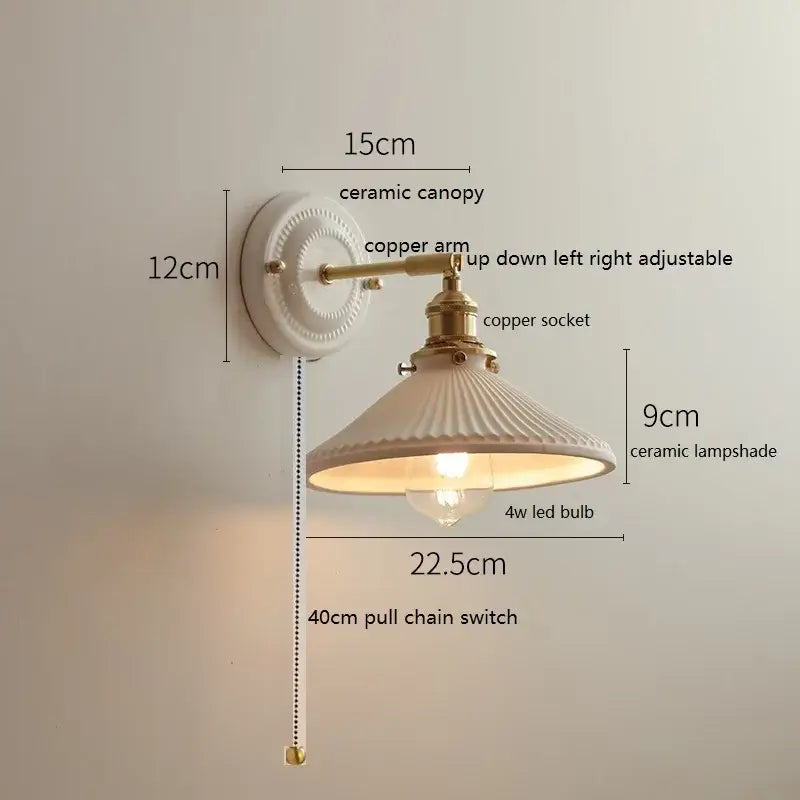 DecorBites LED ceramic wall lamp with copper arm white ceramic canopy and cream fluted ceramic shade for bedroom bathroom mirror