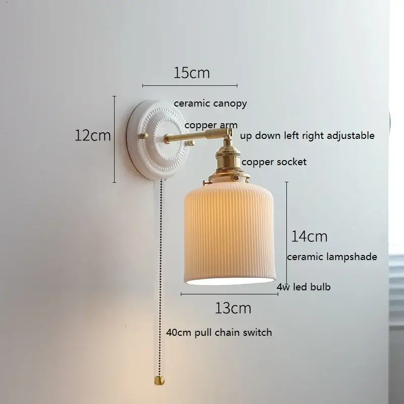 DecorBites led ceramic wall lamp with white ceramic canopy, ribbed cream shade, and copper arm for bedroom or bathroom