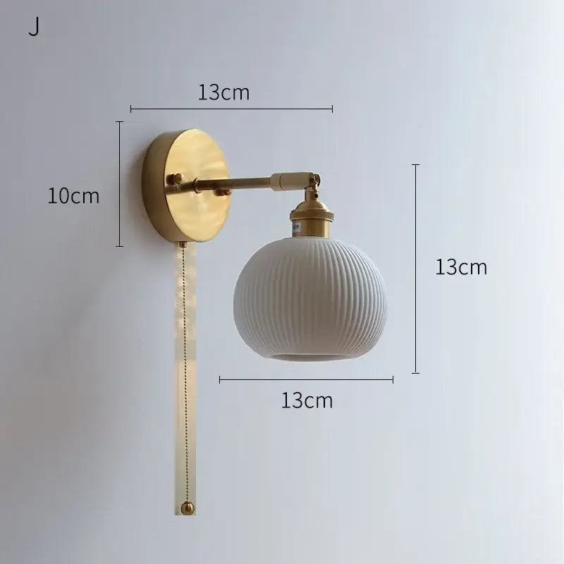 Decorbites led ceramic white ribbed globe wall sconce with brass arm and knob switch for bedroom and bathroom lighting