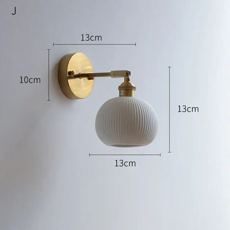 Decorbites led ceramic wall sconce with white ribbed ceramic globe and gold metal arm for bedroom bathroom lighting