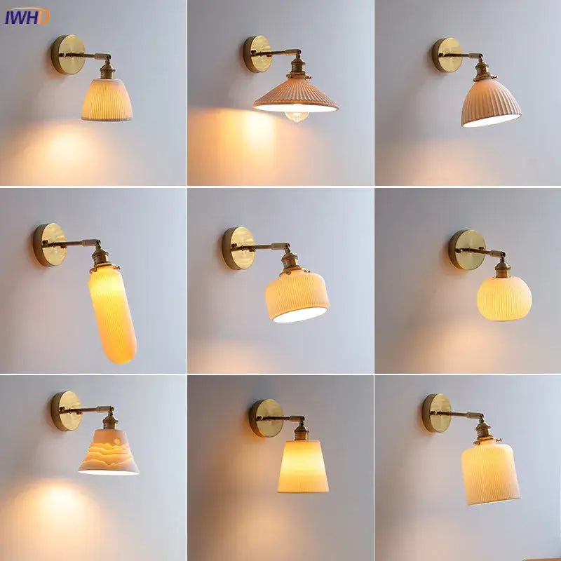 Vintage-style decorbites led ceramic wall sconce with warm cream ribbed glass shade and knob switch for bedroom lighting