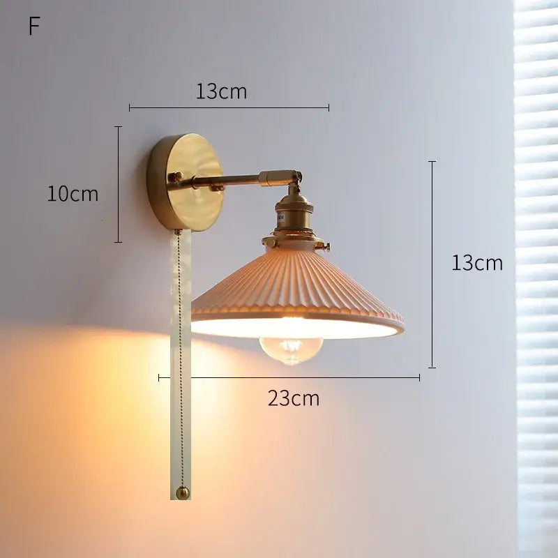 Vintage-style decorbites led ceramic wall sconce with ribbed peach glass shade and adjustable pull-chain switch