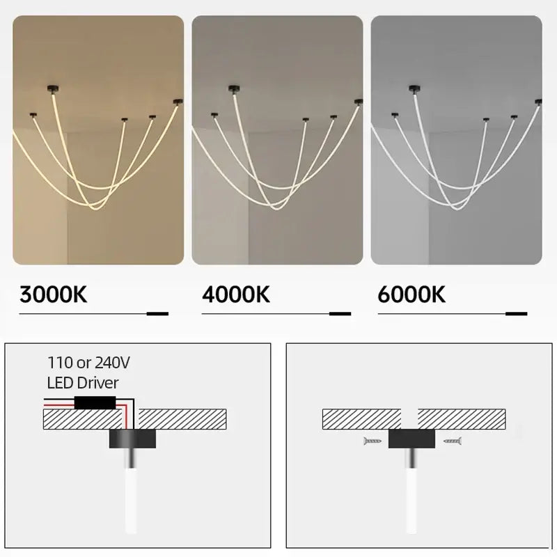 Modern minimalist decorbites led chandelier with curved white cables and adjustable 3000k to 6000k color temperature pendant light