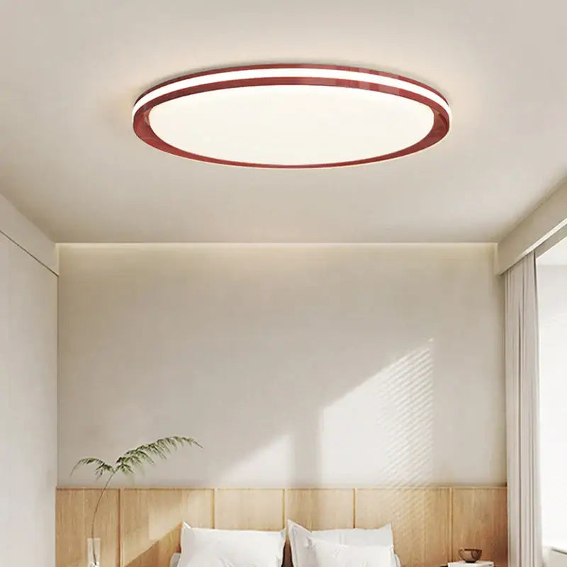 Modern circular decorbites led chandelier with warm white center and sleek red metallic rim for living room lighting