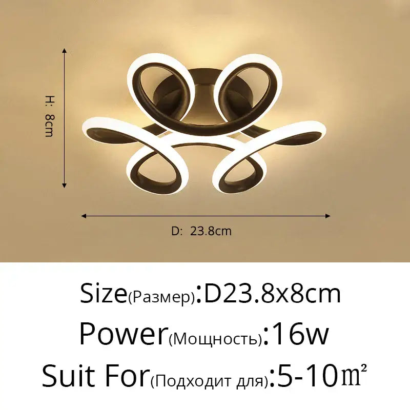 Modern led ceiling light featuring intertwined white and dark brown curved bands in decorbites led chandelier black white design