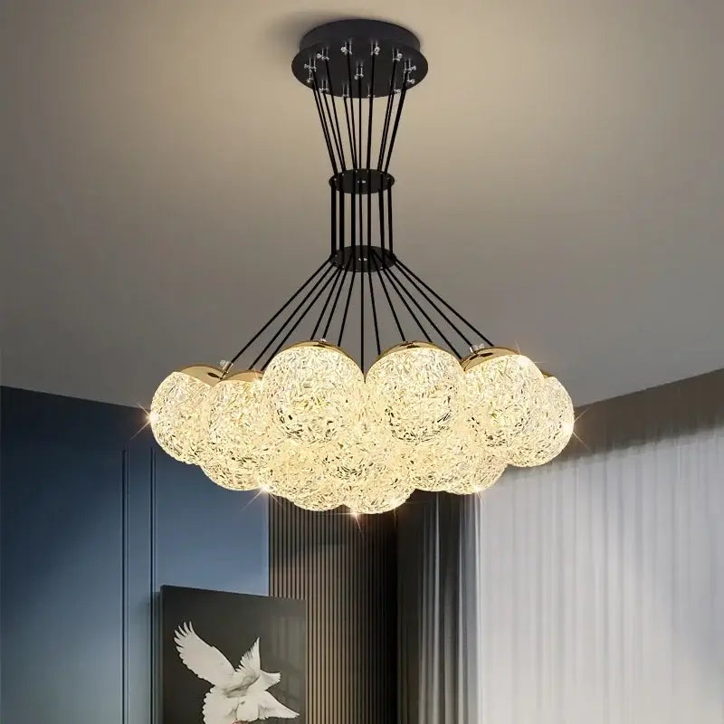 Decorbites led chandelier featuring cloud-shaped design with glowing crystal spheres and black metal rods for ceiling lighting