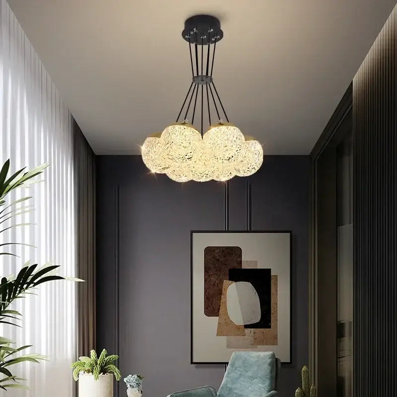 Decorbites led chandelier ceiling lamp with cloud-shaped textured crystal finish and black metal arms for chic decor