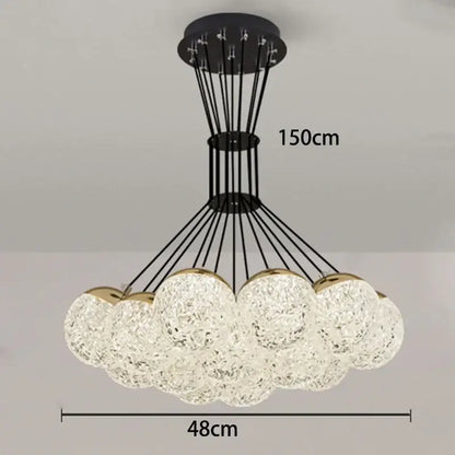 DecorBites led chandelier ceiling lamp with cloud-shaped design and clear textured crystal spheres on black frame