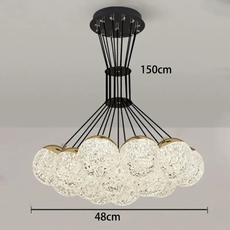 DecorBites led chandelier ceiling lamp with cloud-shaped design and clear textured crystal spheres on black frame