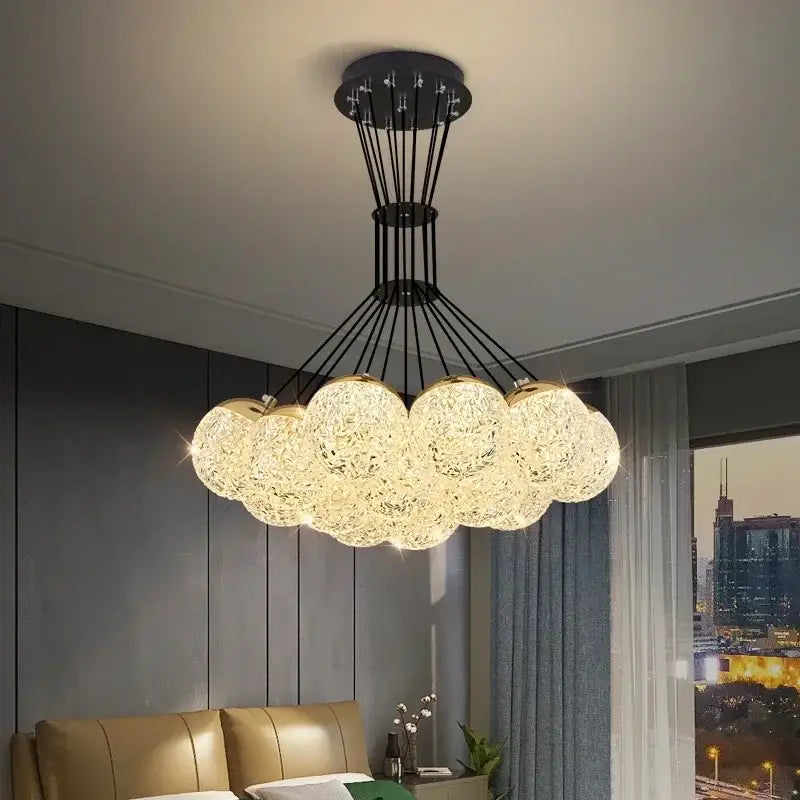 Decorbites led chandelier with glowing crystal spheres and black metal frame as chandelier ceiling lamp for chic lighting