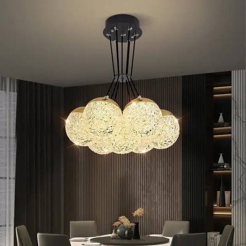 Decorbites led chandelier ceiling lamp with golden metallic frames and crystal mesh for chic bedroom and living room lighting