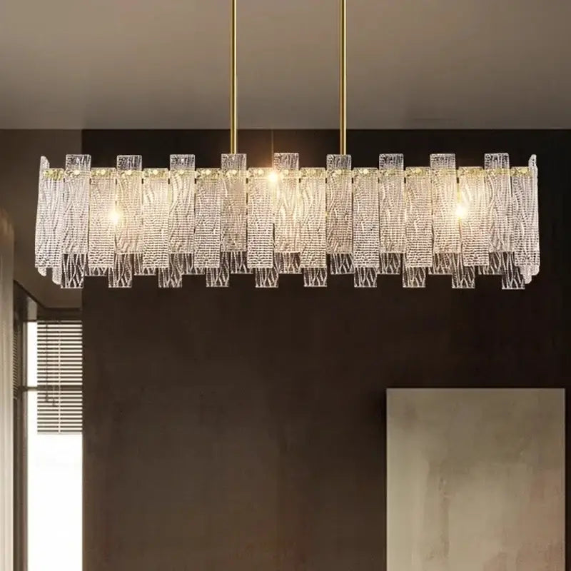 Decorbites led chandelier ceiling lamp with clear textured glass panels and gold metal rods for living room and bedroom lighting