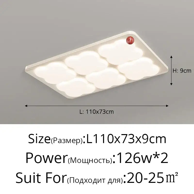 White rectangular ceiling light fixture with six cloud-shaped panels in the DecorBites LED chandelier ceiling design