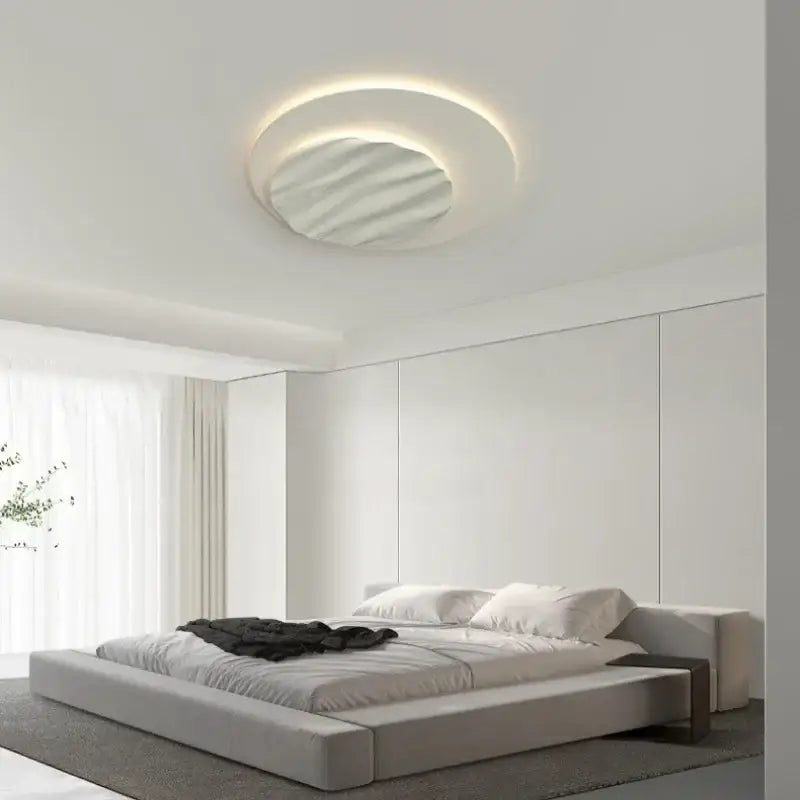 DecorBites LED chandelier ceiling light with modern circular design, soft glowing ring, and textured white center for living room