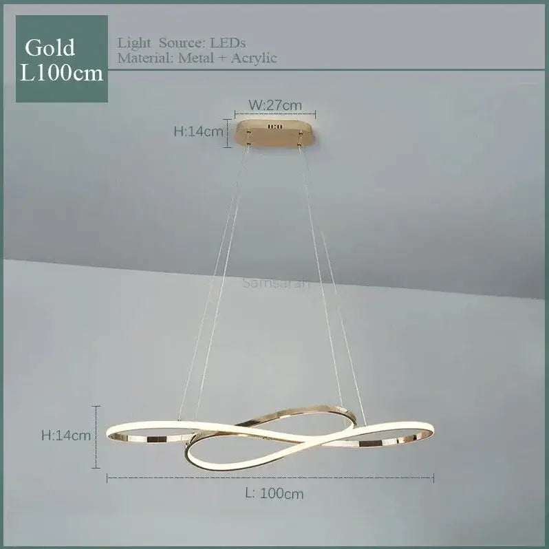 Gold-colored modern infinity loop decorbites led chandelier with metallic and acrylic design for living room lighting