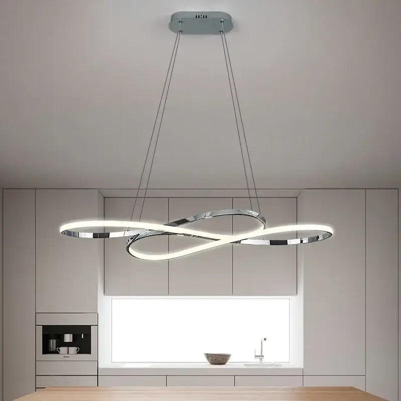 Modern chrome decorbites led chandelier with infinity-loop illuminated rings for dining kitchen and living room lighting