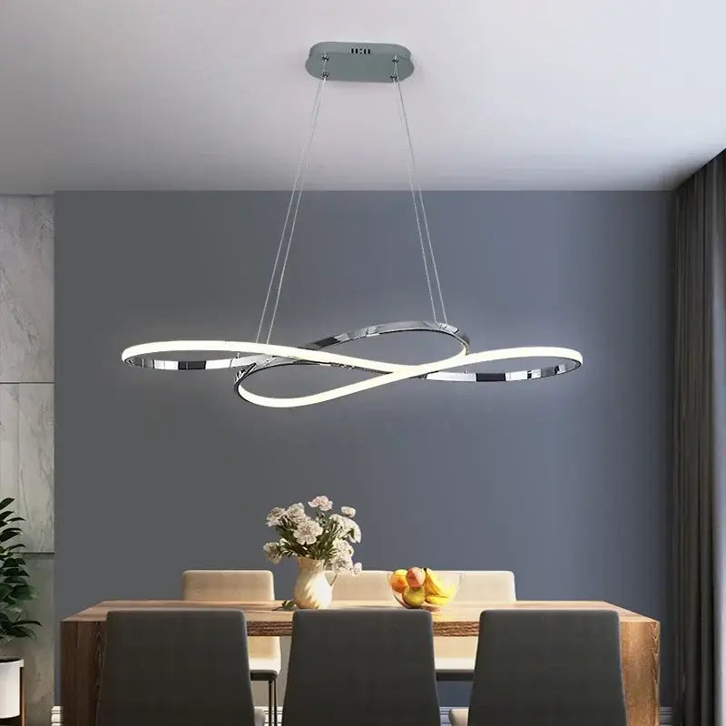 Modern infinity-shaped decorbites led chandelier with chrome finish and white light bands for living room and kitchen use
