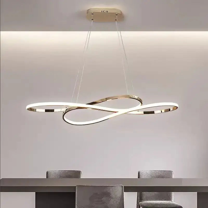 Decorbites led chandelier featuring a modern infinity-shaped gold and white electroplated led ring pendant light
