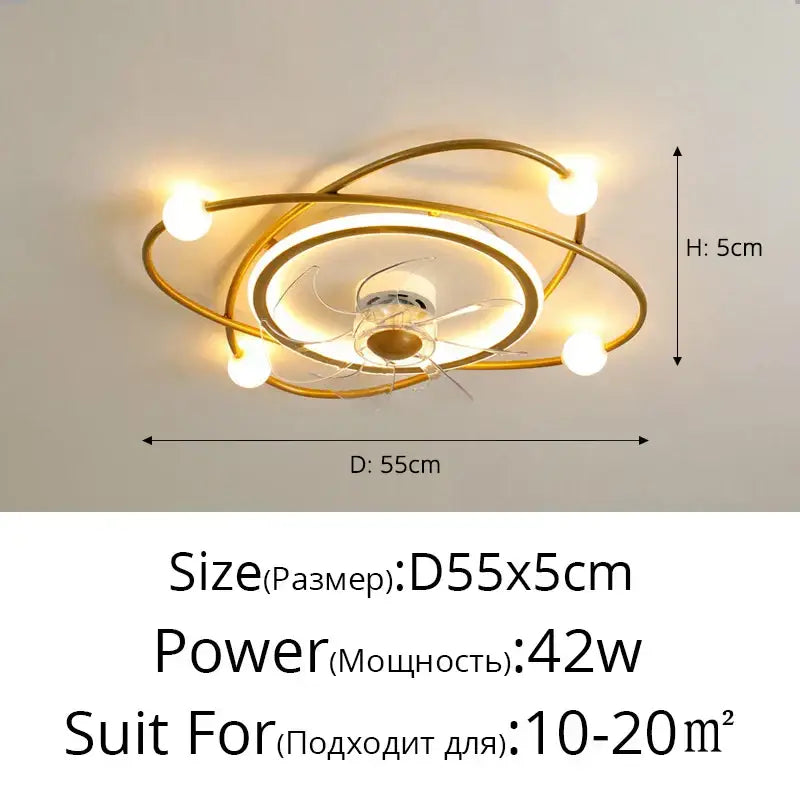 Gold-toned decorbites™ chandelier electric fan with modern orbital design and five spherical led bulbs for home decor